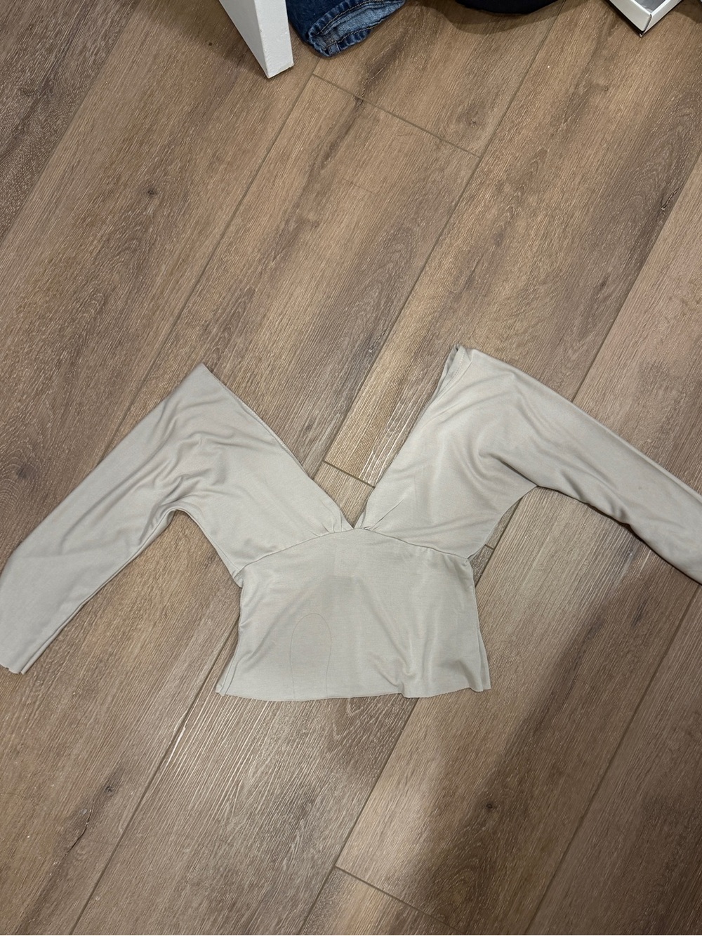 With Jean Cream Off-Shoulder Long Sleeve Crop Top